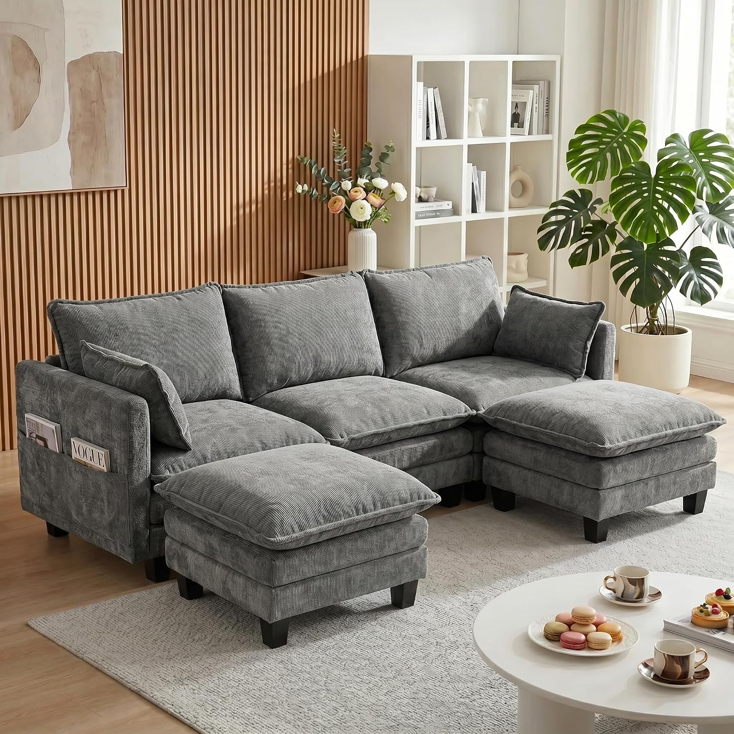 Eafurn Modular Sectional Sofa with Movable Ottomans for Living Room, 4 Seater Convertible U Shaped Sectional Couch Modern Reversible Chenille Sofa Set w/USB Ports and Side Pockets