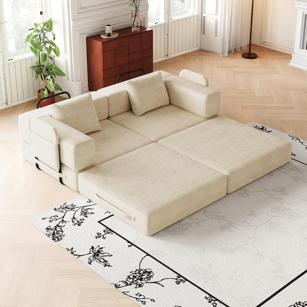 4-in-1 Convertible Folding Sofa Bed, 72' Oversized Corduroy Upholstered Boneless Couch, Loveseat Sleeper Sofa Bed, Floor Sofabed Modular Futon Couch for Living Room Bedroom Lounge (Beige, 72')