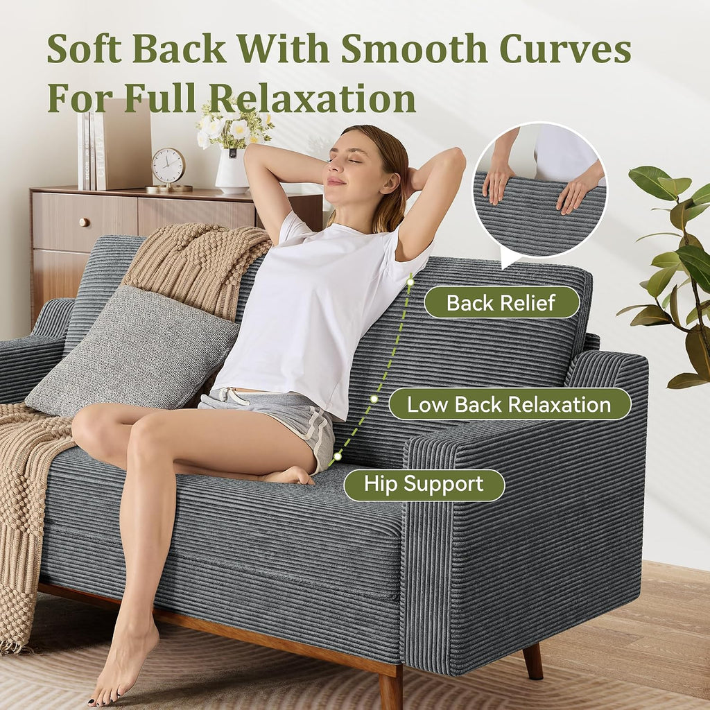 65.4' Loveseat Sofa,Comfy Grey Corduroy Love Seat Couches for Living Room,Mid Century Modern Small Couch for Bedroom Office with Spring Cushion,Solid Wood Frame,Tool-Free Assembly