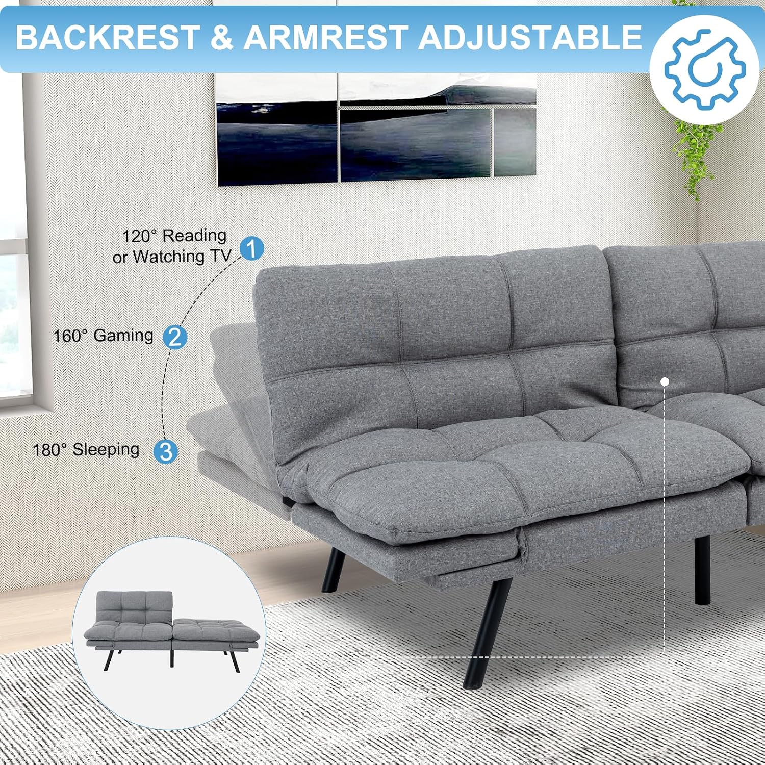 MUUEGM Futon Sofa Bed Couch Sofa, Memory Foam Futon Sleeper Sofa Loveseat Convertible Couch Bed for Small Compact Spaces, Apartment,Light Grey.