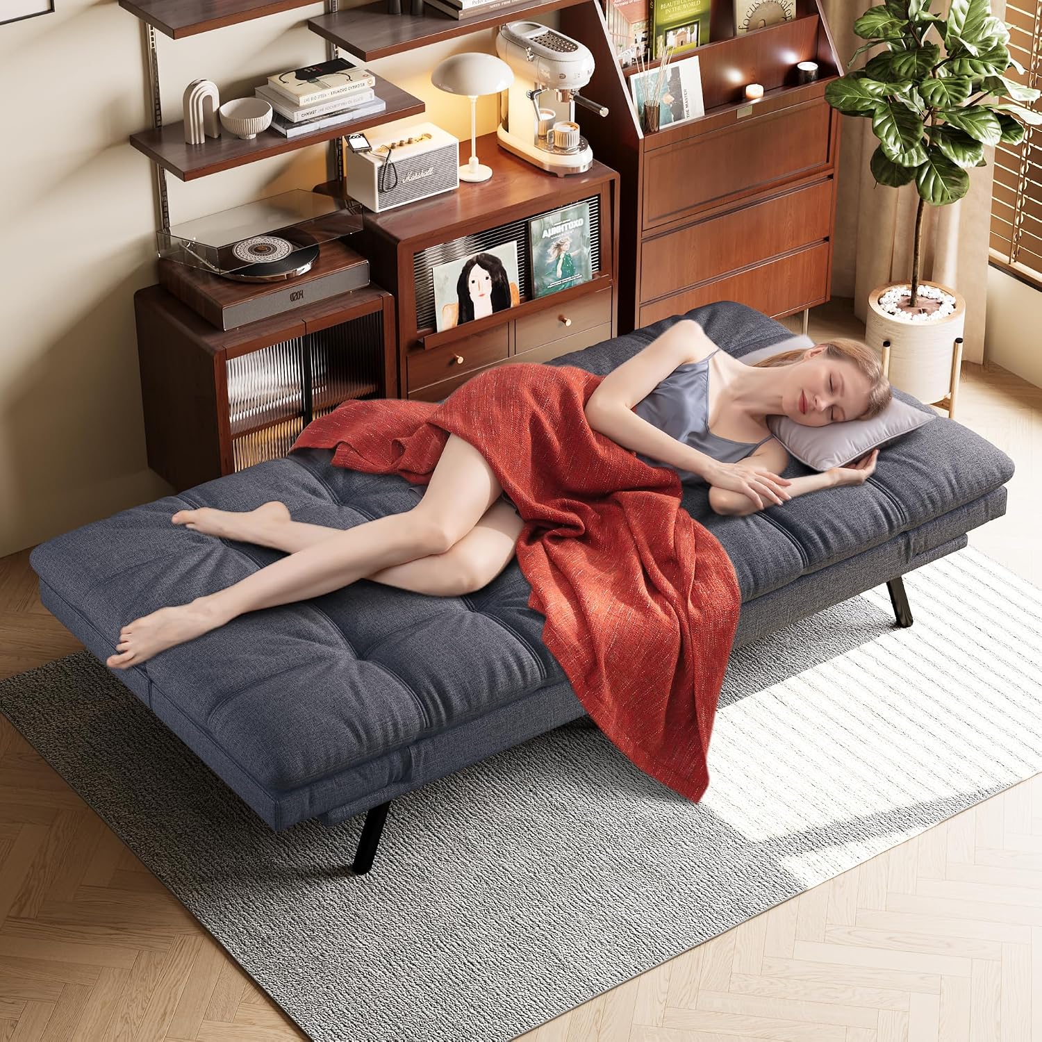 Opoiar Convertible Futon Sofa Bed,Linen Fabric Futon Couch,Sofa & Couch Soft Cushions Love Seat Daybed for Studio, Apartment, Office, Small Space, Compact Living Room,Grey