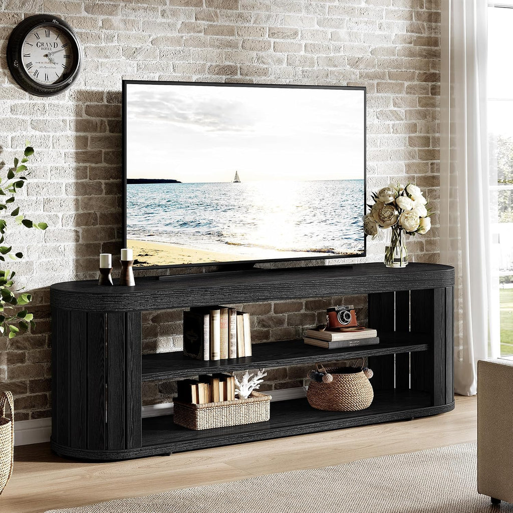 Tribesigns TV Stand for TVs up to 55 Inches, 47.2-Inch Entertainment Center with 2-Tier Open Storage & Adjustable Foot Pads, Oval Media TV Console Table for Living Room, Bedroom, Black