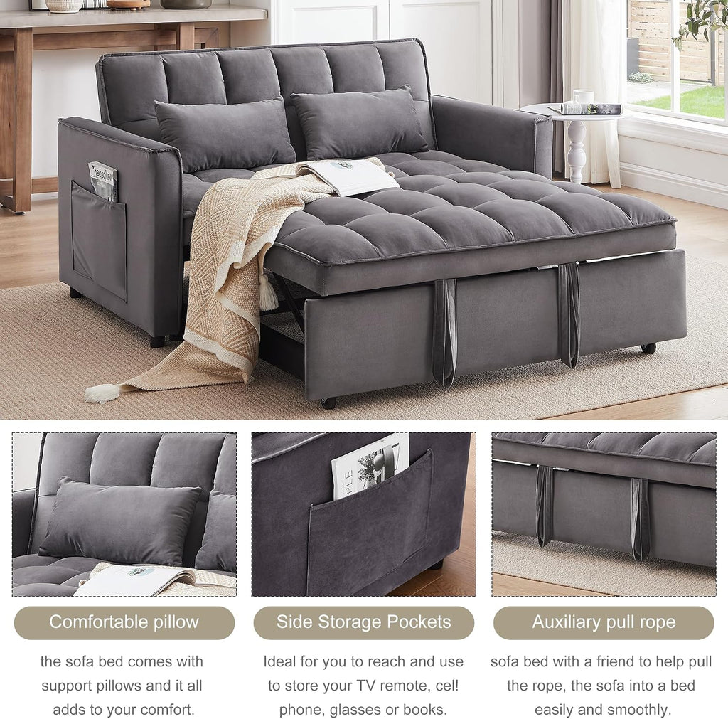 Oversized 3-in-1 Convertible Sleeper Sofa Bed, Futon Couch with Pullout Bed, 2-Seater Loveseat Sofa w/Pockets, Adjustable Backrest and Pillows for Living Room Apartment (55INCH-Dark Gray)