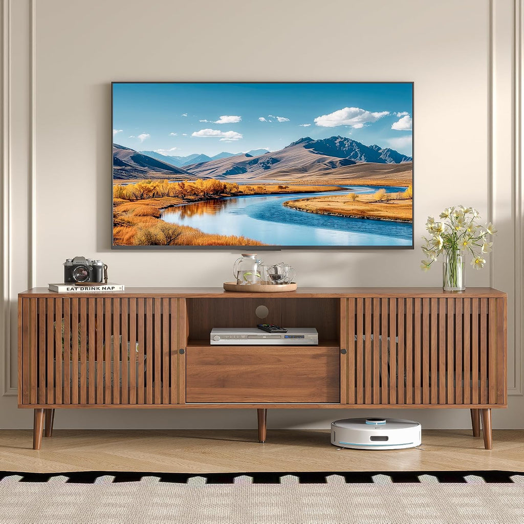 Oubayajia Mid Century Modern TV Stand for Televisions up to 70 Inches, with Sliding Doors and Storage, Television Stands, TV Consoles, Media Consoles for Living Room(Walnut-70inch)
