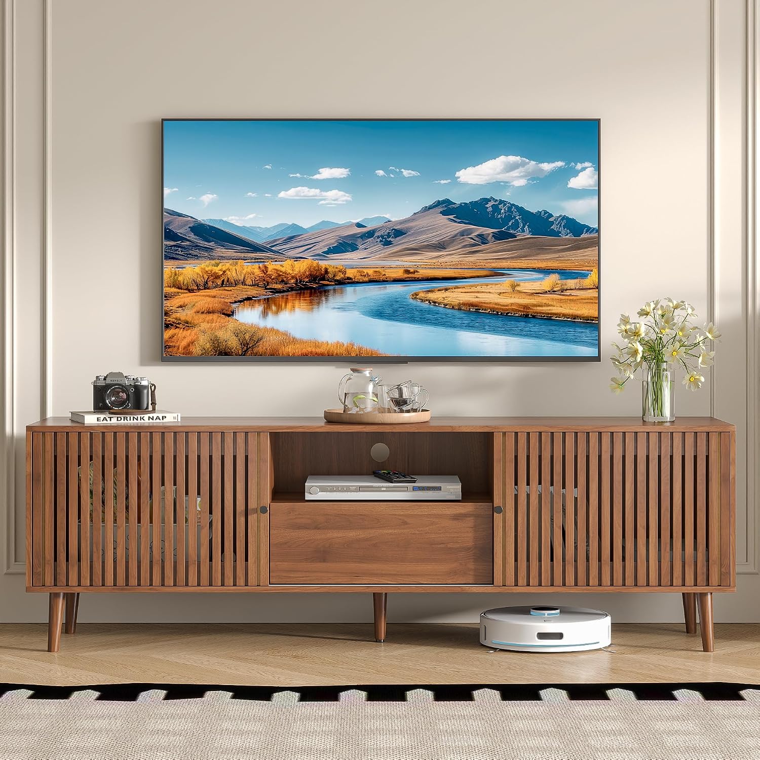 Oubayajia Mid Century Modern TV Stand for Televisions up to 70 Inches, with Sliding Doors and Storage, Television Stands, TV Consoles, Media Consoles for Living Room(Walnut-70inch)