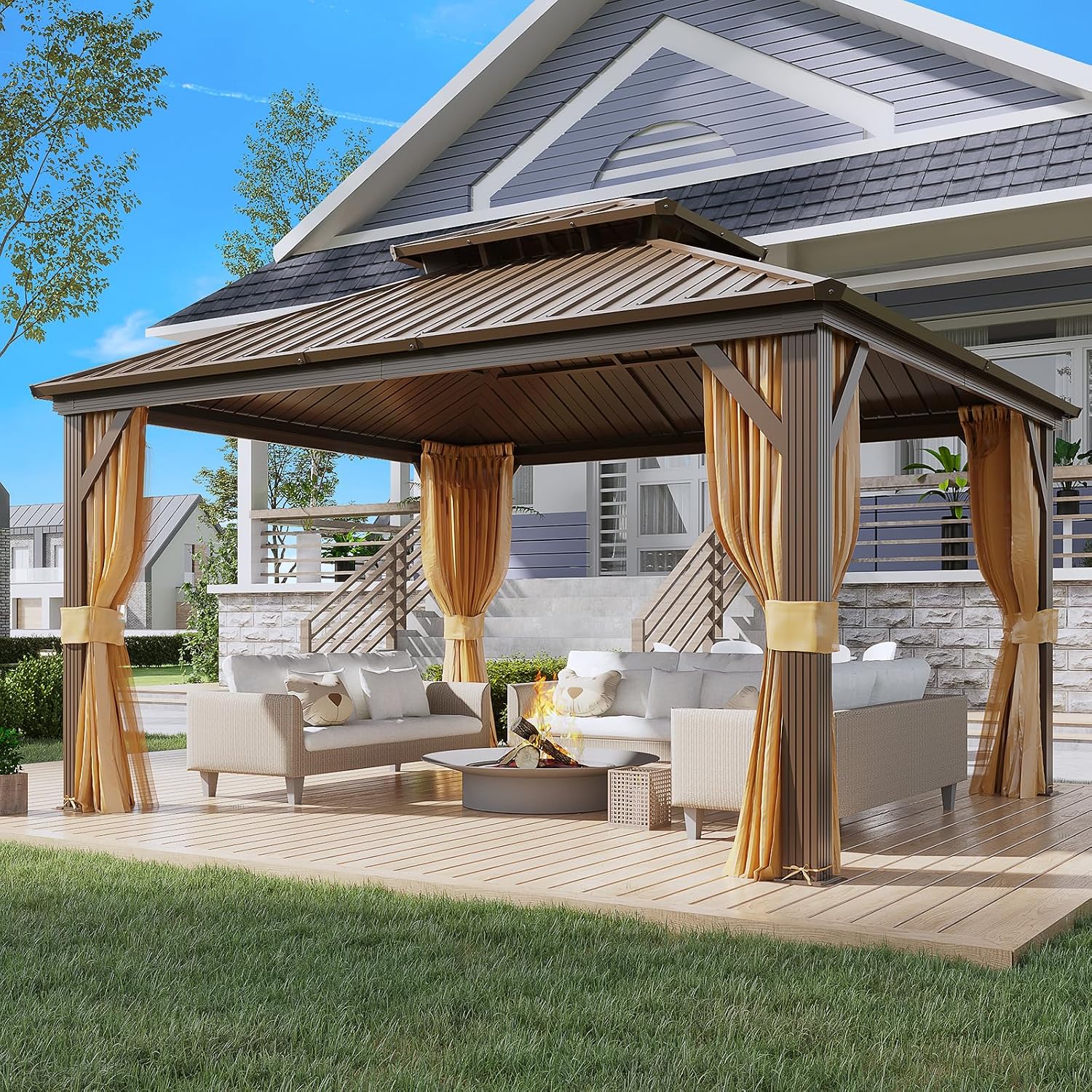 YOLENY 12' x 14' Gazebo, Hardtop Gazebo with Aluminum Frame, Double Galvanized Steel Roof, Curtains and Netting Included, Metal Gazebos Pergolas for Patios, Garden, Parties, Lawns