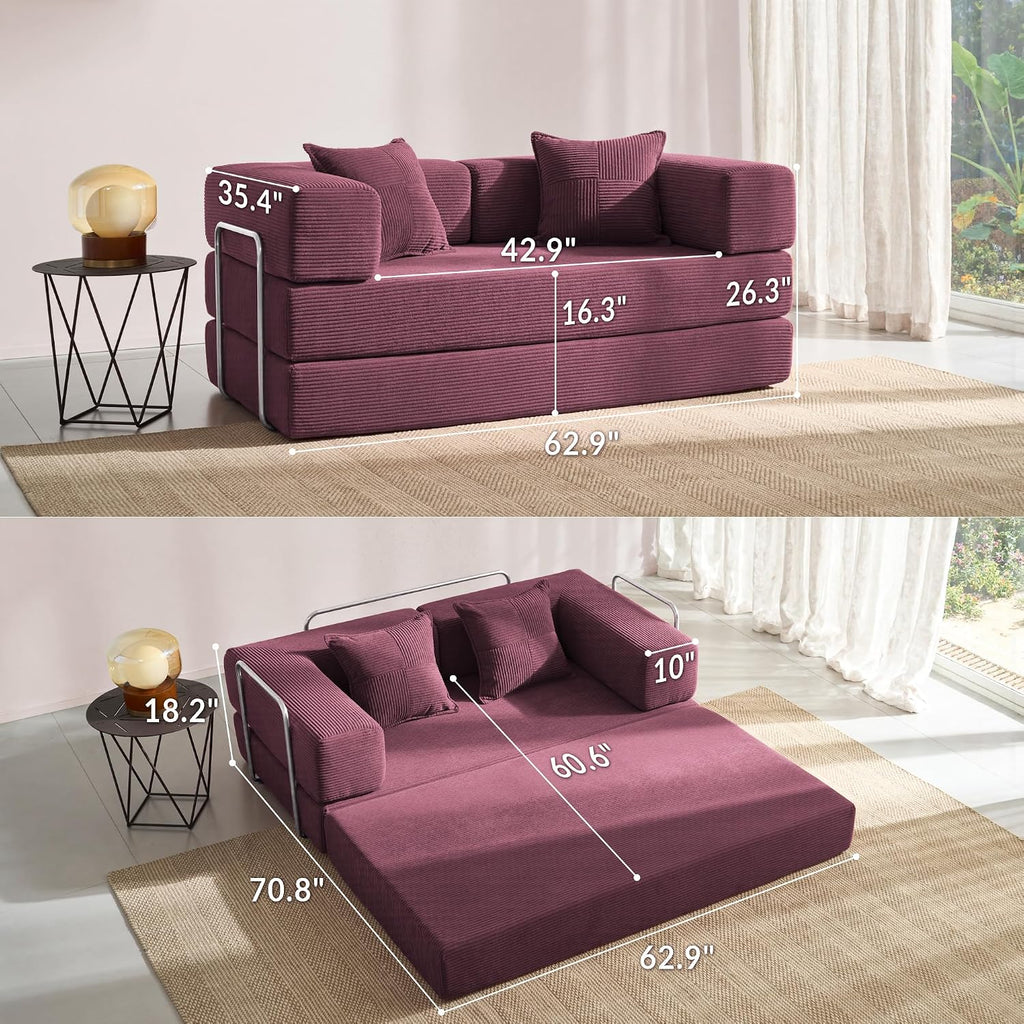 YINIX Sofa Bed, 62'' Folding Floor Couch, Compressed Convertable Sleeper Sofa, Memory Foam Couch with Pillow Back Support Armrest, 4-in-1 Futon Sofa Bed for Living Room, Burgundy