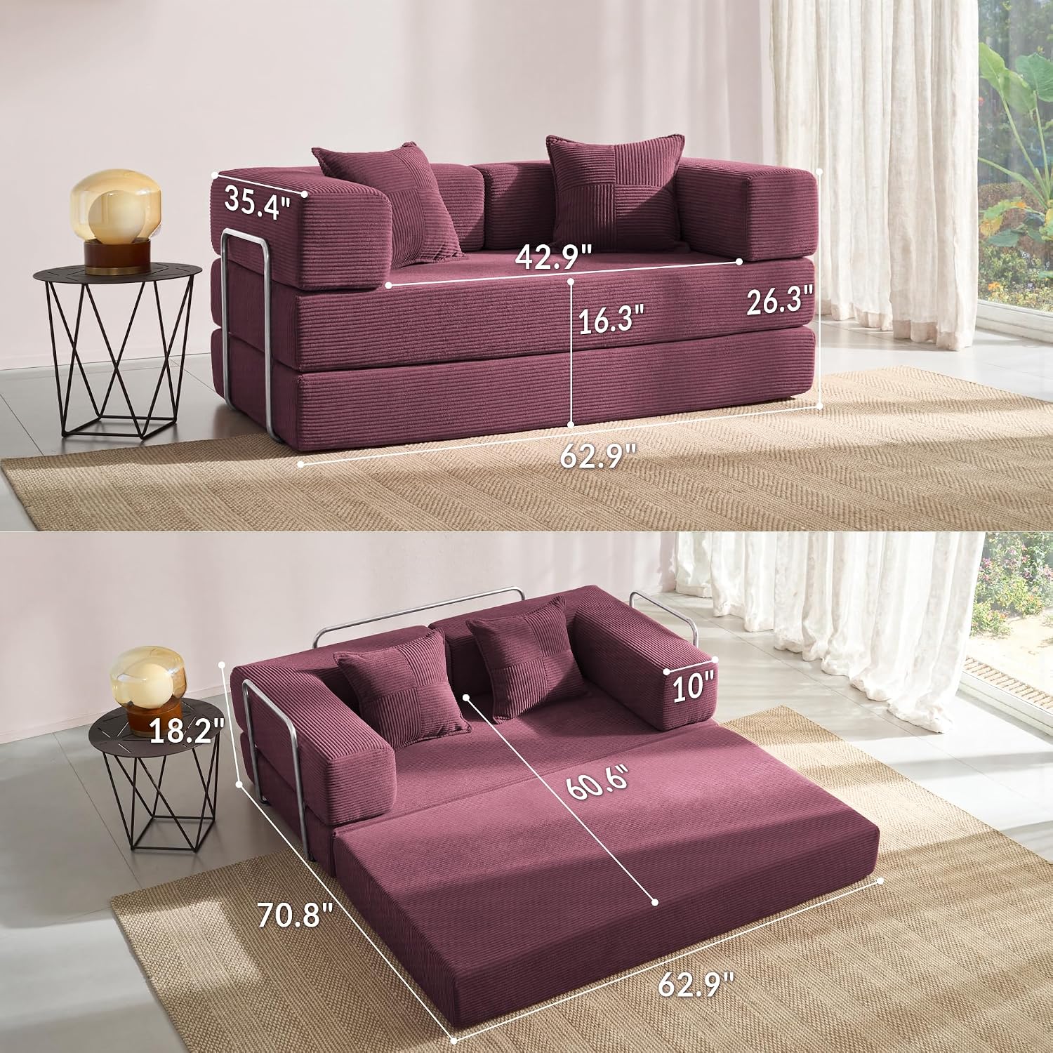 YINIX Sofa Bed, 62'' Folding Floor Couch, Compressed Convertable Sleeper Sofa, Memory Foam Couch with Pillow Back Support Armrest, 4-in-1 Futon Sofa Bed for Living Room, Burgundy