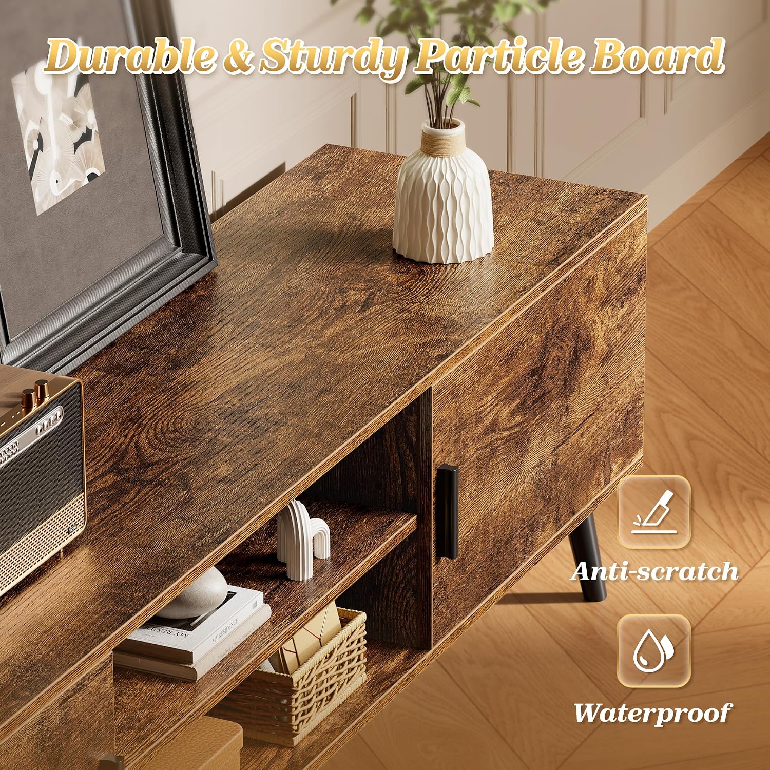 SUPERJARE 70.9 Inch TV Stand for 65, 75 Inch TV, Entertainment Center with Adjustable Shelf, 2 Cabinets, TV Console Table, Media Console, Solid Wood Feet, Cord Holes, for Living Room, Rustic Brown