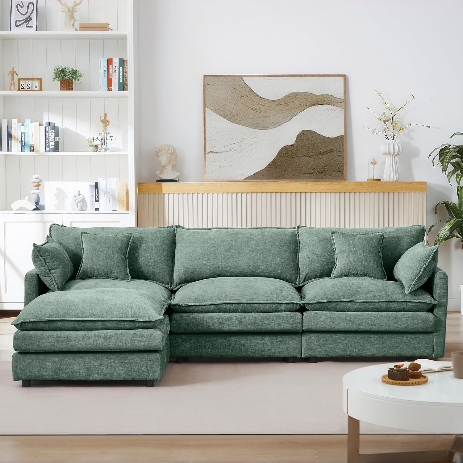 Eafurn Oversized Reversible Modular Sectional Sofa with Movable Ottoman, 4 Seater Convertible L Shaped Corner Couch Modern Chenille Sofa Set w/Double Layers Seat Cushions for Living Room Apartment