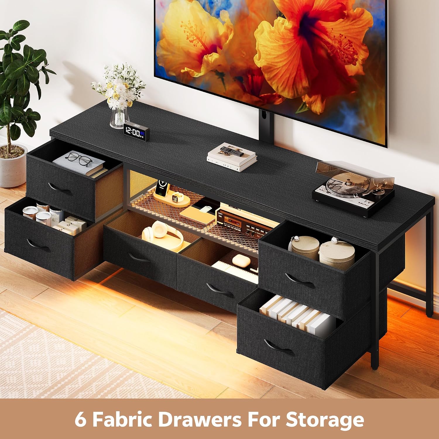 TV Stand for 80 Inch TV with Mount, LED Entertainment Center w/Fabric Drawers & Power Outlets, Industrial Media Console for Living Room, Bedroom, Open Storage Shelves - 71'' Black