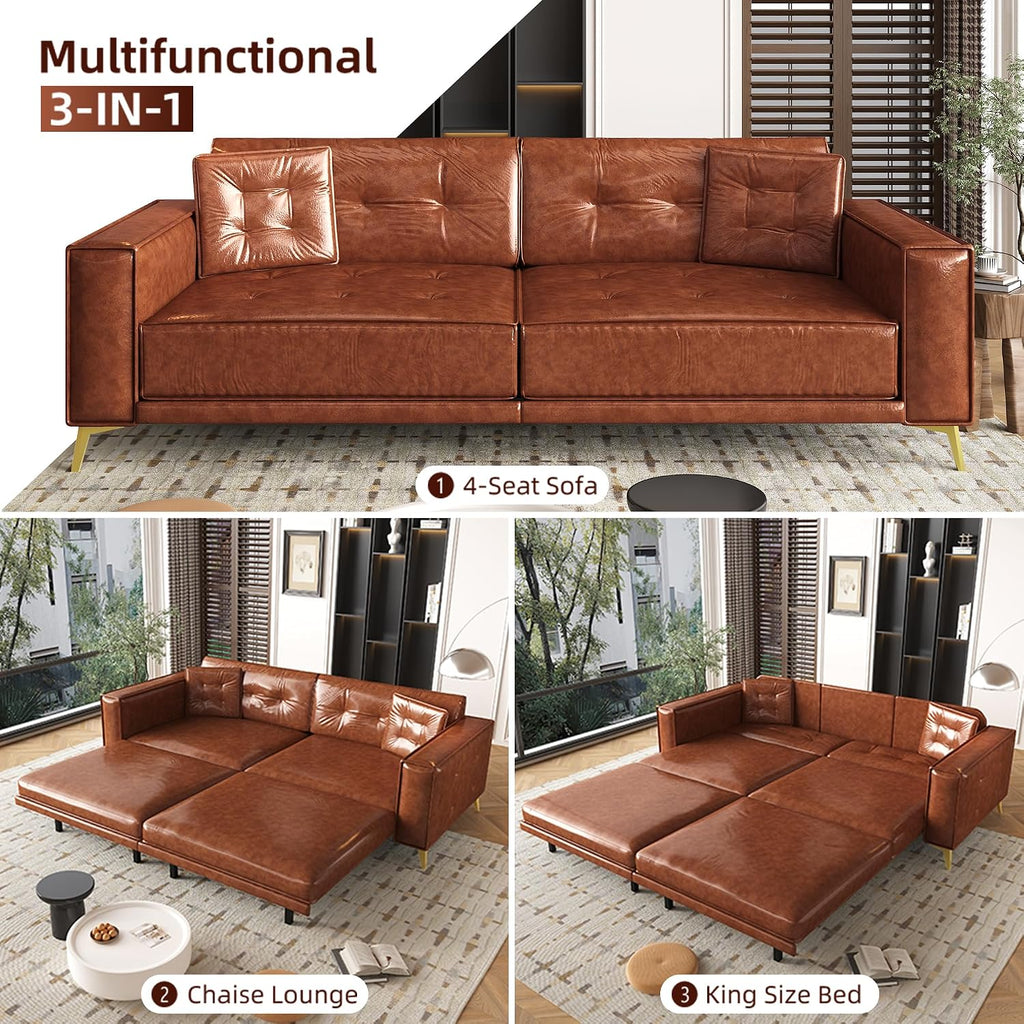 92.1'' King Pull Out Sofa Bed, Convertible Futon Couch, 3-in-1 Faux Leather Sleeper Sofa with Tufted Back, 2 Pillows, Gold Legs, Deep Folding Loveseat for Living Room, Apartment, Light Brown