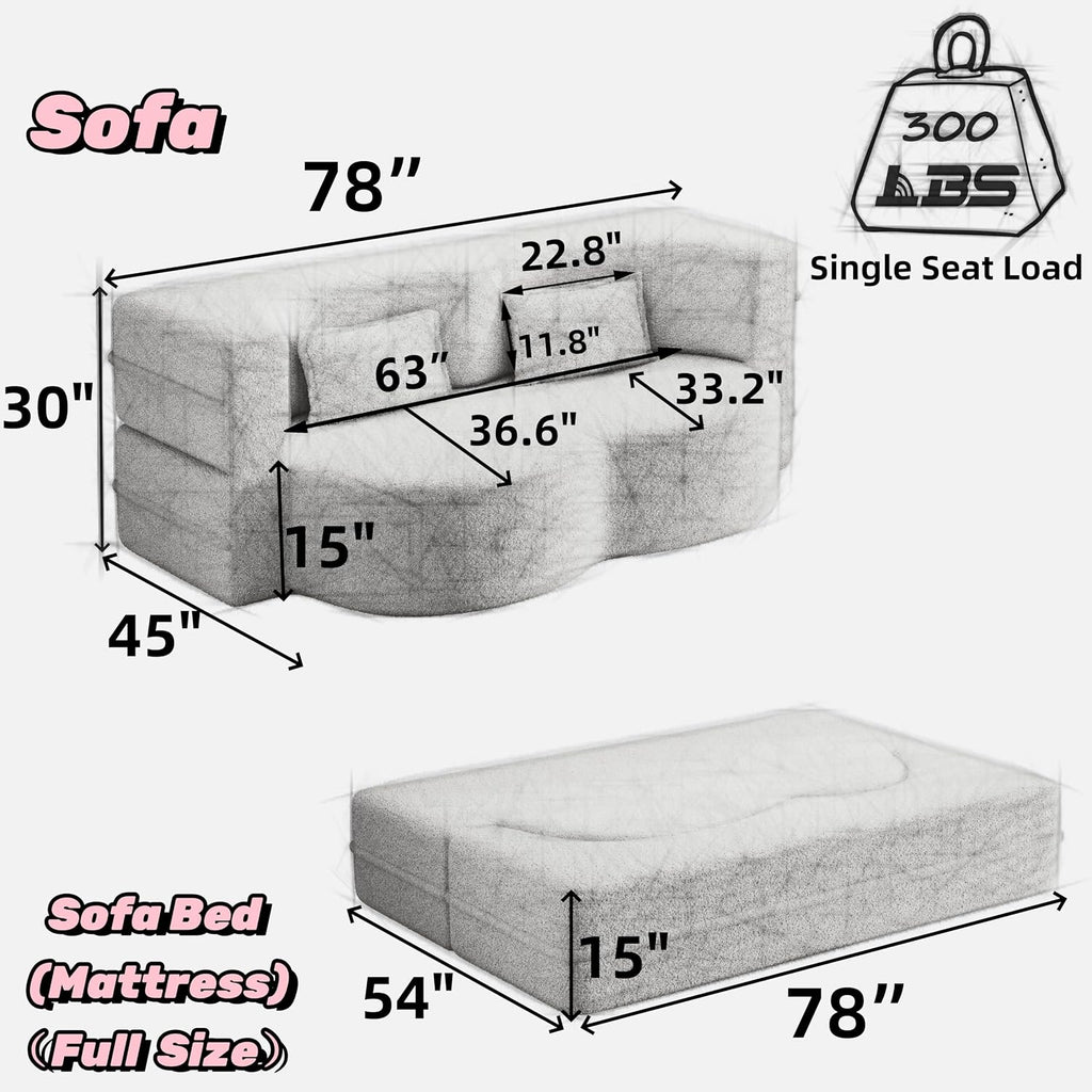 ALAMHI 78' Full Size Floor Sofa, Folding Queen Sleeper Couch, Futon Loveseat Sofa, Plush Corduroy Foam-Filled Sleeper Couch Bed, Fold Mattress Bed for Living Room, Guest Use, Office, Apartment, Black