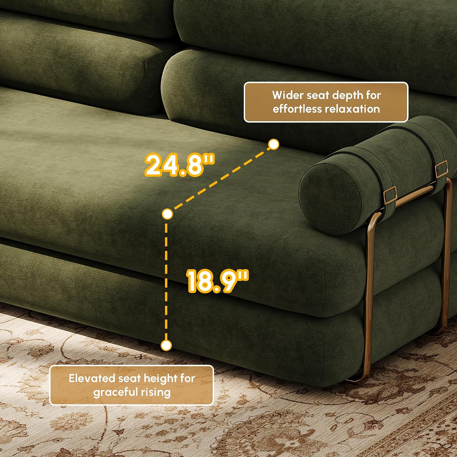 homary Velvet Futon Sofa Bed 81' 3-Seater Convertible Couch with Detachable Pillows, Stainless Steel Legs, Modern Sleeper Sofa for Living Room & Apartment (Evergreen)