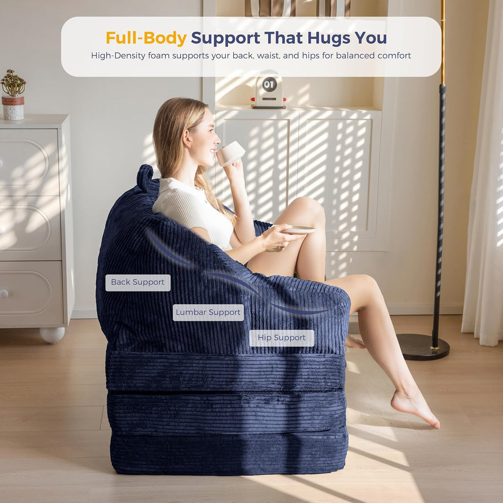 MAXYOYO Folding Sofa Bed with Backrest, Boneless Fold Out Couch Bed with Handle, 2 in 1 Convertible Bean Bag Chair to Floor Sofa Lounger, Comfy Folding Couch for Bedroom & Living Room, Navy