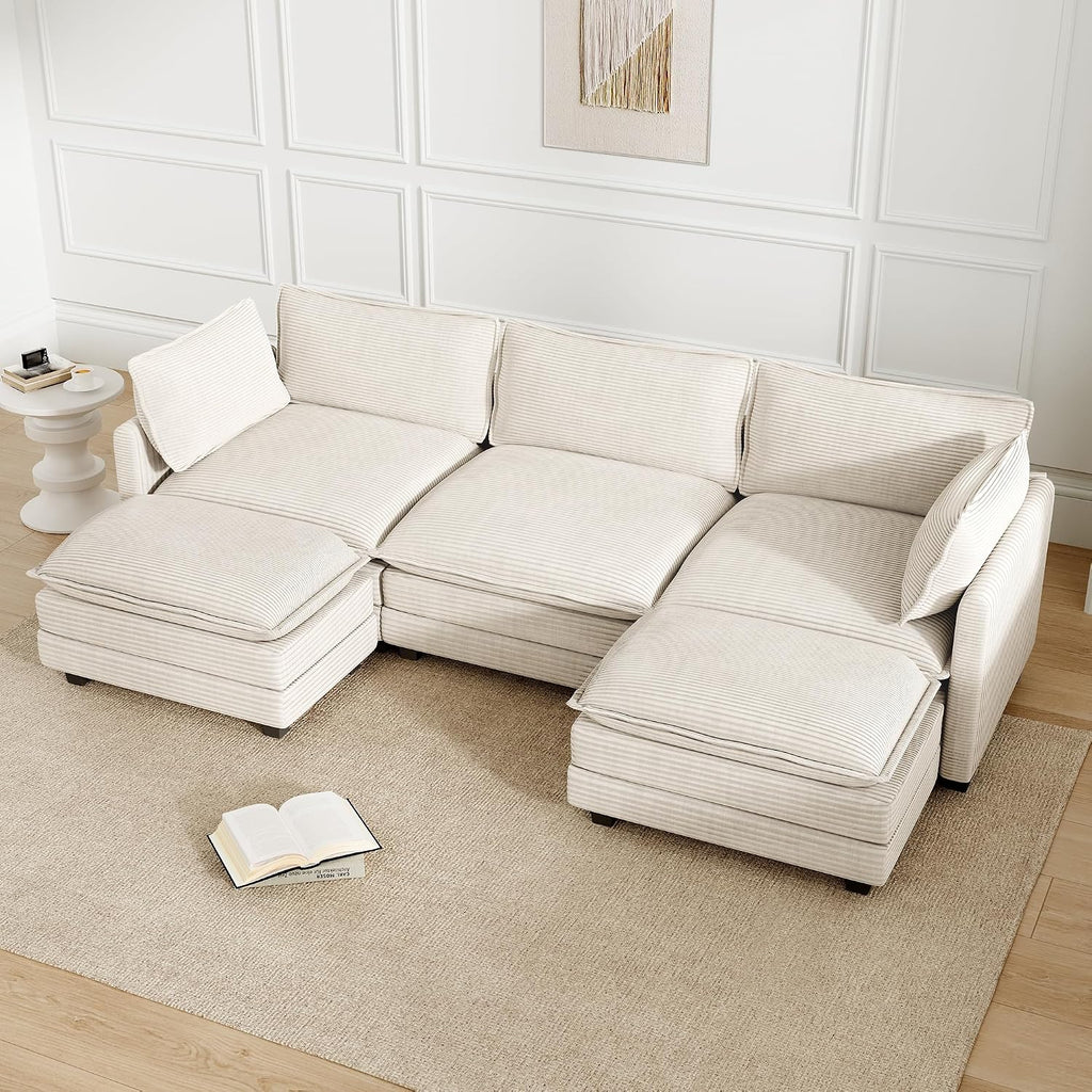 112'' Sectional Modular Cloud Couch, Oversized 5 Seat Couches U Shaped Sofa with 2 Movable Ottomans, 2 Throw Pillows, Upholstered Corduroy U Shape Comfy Deep Couches for Living Room and Office, Beige