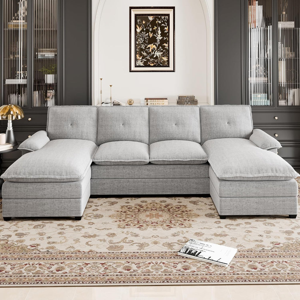 110' Sectional Couches for Living Room,U Shaped Big Sofa Couch with Double Chaise,Modern 4 Seat Modular Sofa Couches with Thick Cushion & Soft Backrest,New Grey