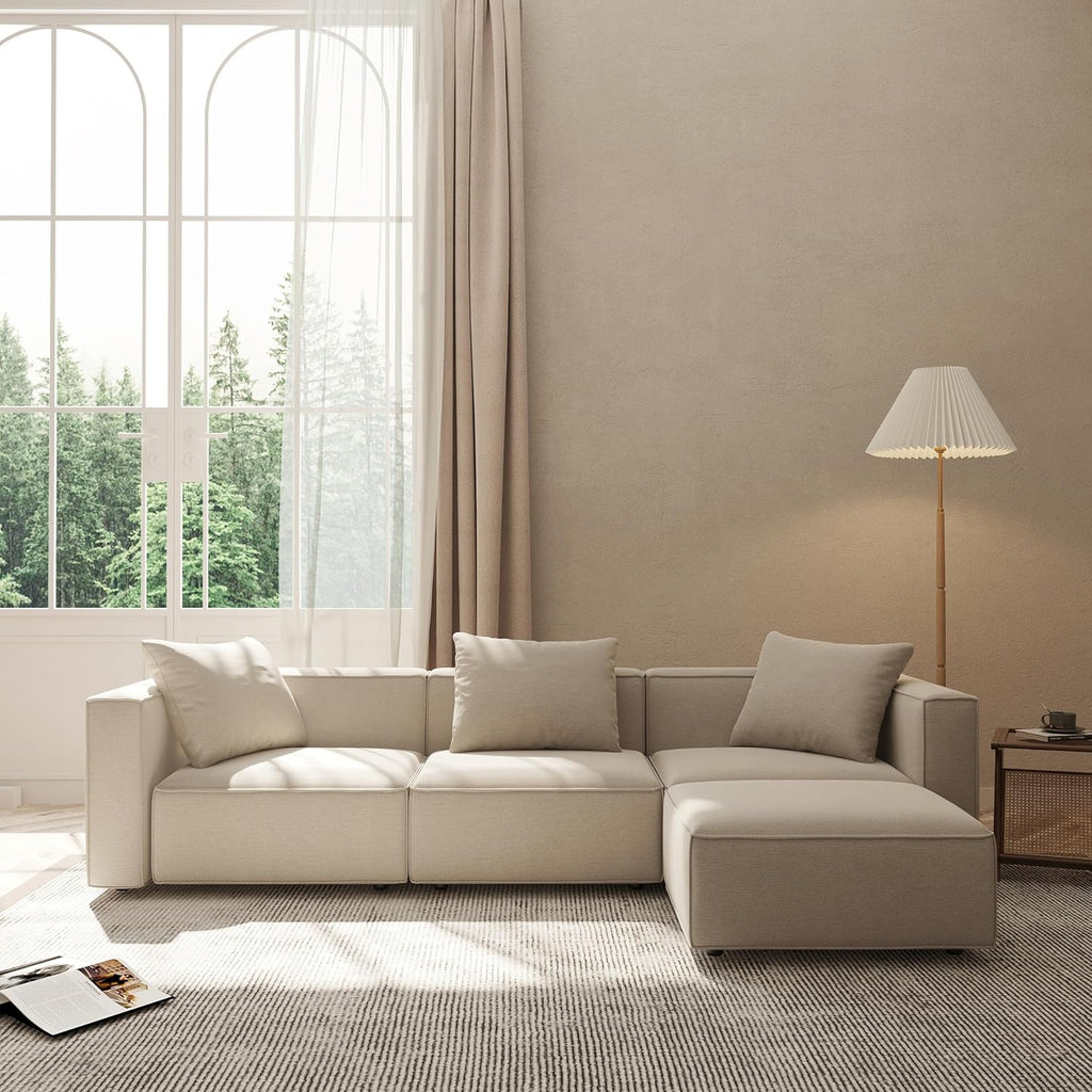 Acanva Luxury Modular Sectional Living Room Sofa Set, Modern Minimalist Style Couch with Ottoman and Chaise, L-Shape, Linen-Like Cream | Minimalist Style, With Ottoman, Modular Sectional