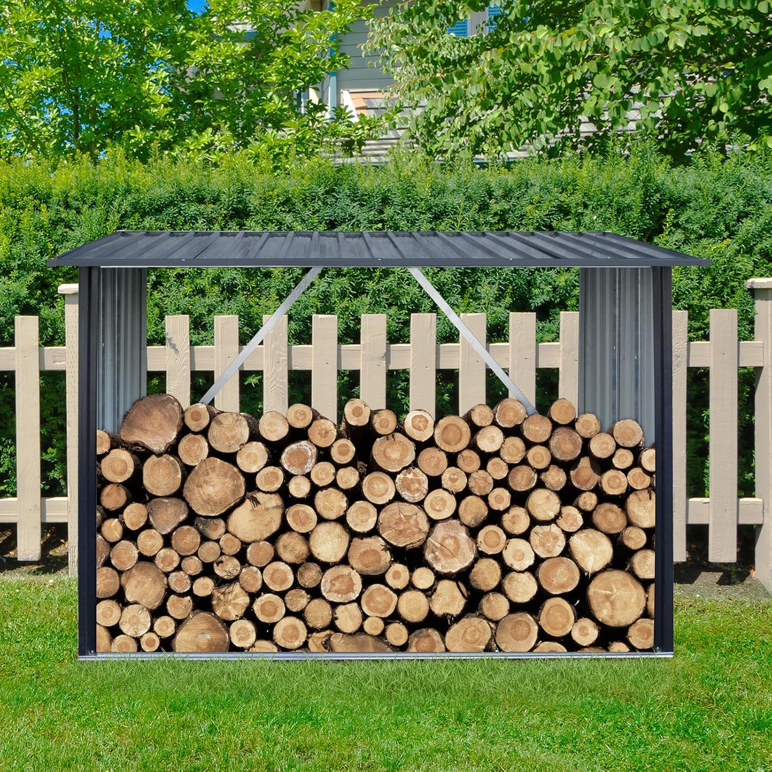 JT 7 x 3 FT Metal Firewood Rack, Galvanised Steel Garden Log Storage Shed, Metal Firewood Shed Holder, Outdoor Log Rack for Backyard, Black