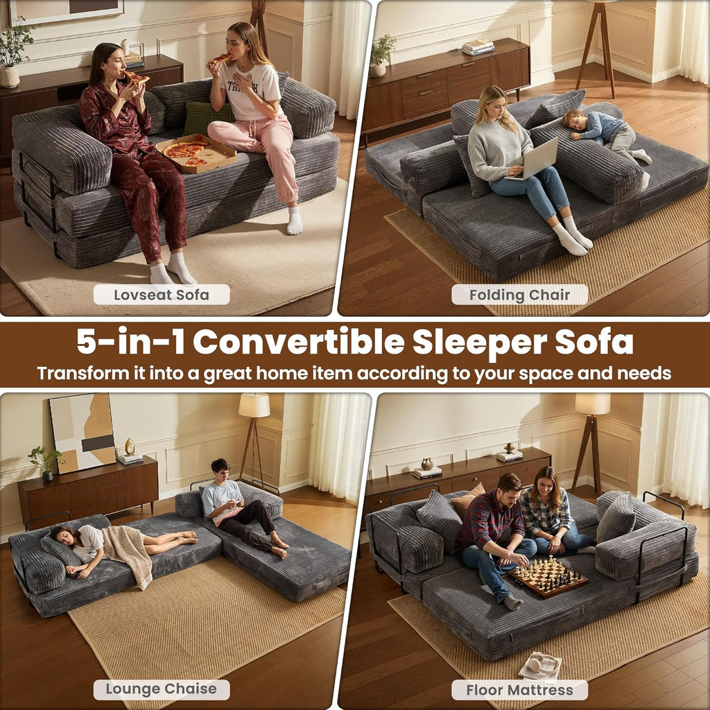 ovios 81' Folding Sofa Bed, Foldable Sleeper Boneless Couch with Pull Out Beds, Modular Convertible Floor Futon Loveseat Lounger for Living Room (Corduroy, Grey)