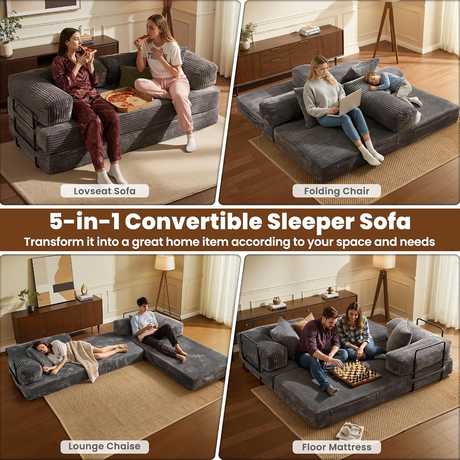 ovios 81' Folding Sofa Bed, Foldable Sleeper Boneless Couch with Pull Out Beds, Modular Convertible Floor Futon Loveseat Lounger for Living Room (Corduroy, Grey)