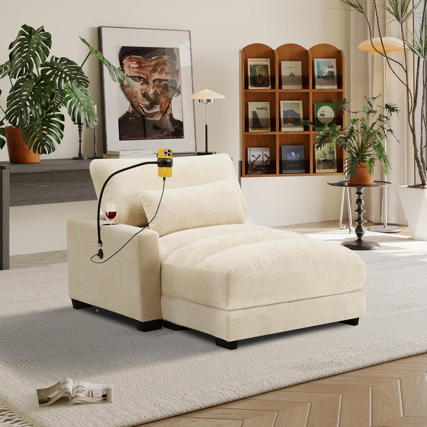 Yoglad Oversized Recliner Lounge Chair with USB Charging & Phone Holder - 400lb Heavy Duty Soft Chenille Reading Chair for Adults, Perfect for Small Spaces in Bedroom/Living Room, Beige