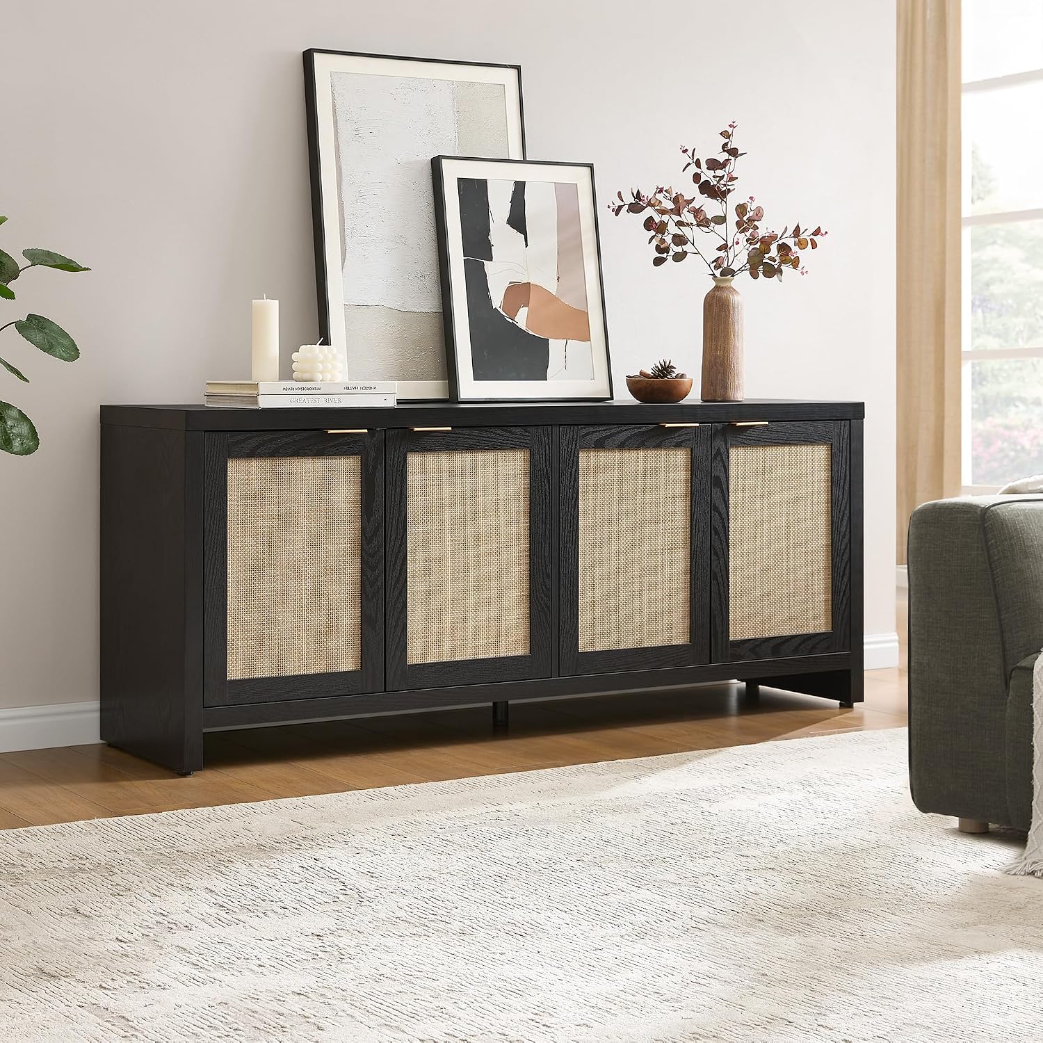 SICOTAS TV Stand for Living Room Boho Entertainment Center for Bedroom with 4 Rattan Cabinets Farmhouse Television Stands with Storage Large Media Console Table for TVs up to 65 Inch