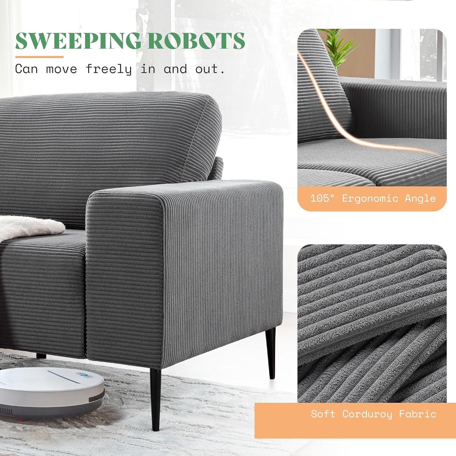 AMERLIFE 89 inch Sofa, 3 Seater Sofa Chair Set, 3 Chairs and Sofa Set, Comfy Sofa Couch with Extra Deep Seats, Grey Corduroy