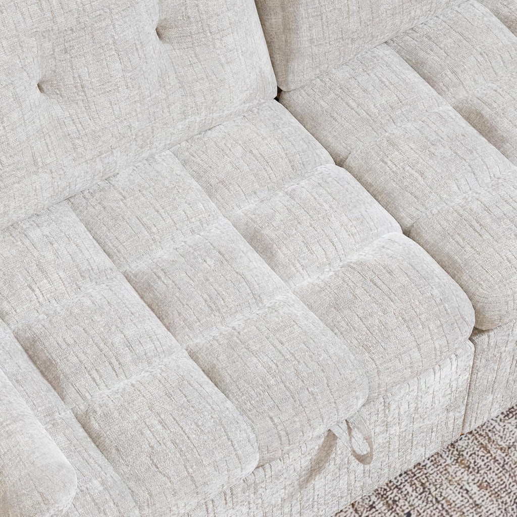 Convertible Sleeper Sofa Bed, 86 Inch Chenille Pull Out Couch with Side Table & Adjustable Backrest, Sectional Sleeper Sofa with Pull Out Bed for Living Room, Apartment, Beige