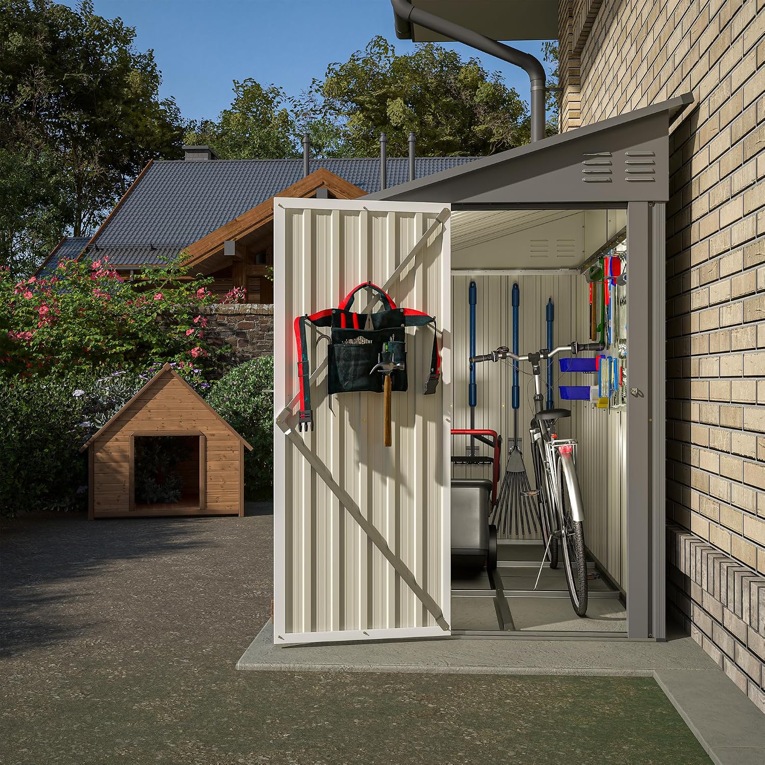 YOPTO 4×8 FT Lean to Metal Shed,Outdoor Heavy-Duty Storage Shed with Floor Base,All Weather Waterproof Garden Tool House W/Lockable Door&2 Air Vents,Reversible Door Design,for Backyard,Patio,Lawn,Gray