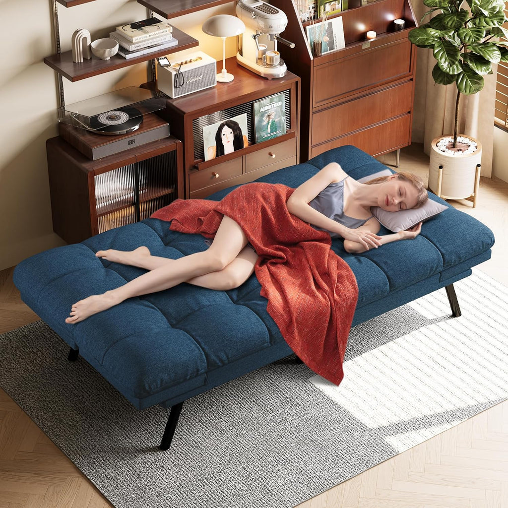 Opoiar Convertible Futon Sofa Bed,71' Memory Foam Futon Couch,Detachable Cushion,Adjustable Backrest & Armrest,Linen Modern Loveseat Sleeper Recliner for Living Room,Office,Apartment,Retro Blue