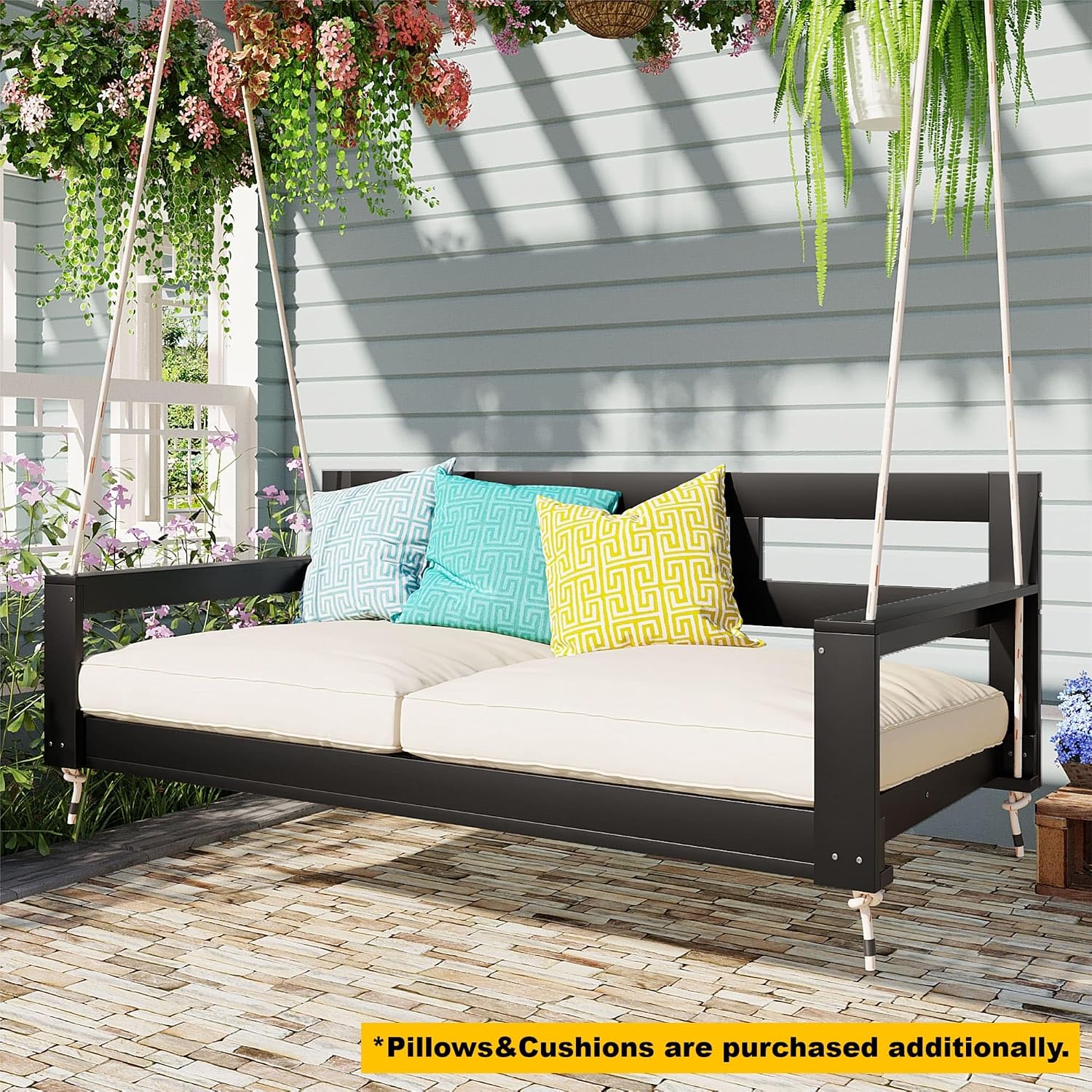 Harper & Bright Designs Patio Wooden Twin Size Porch Swing Daybed Frame, Garden Swing Bench Chair with 4 Hanging Ropes for Backyard,Outdoor,Black