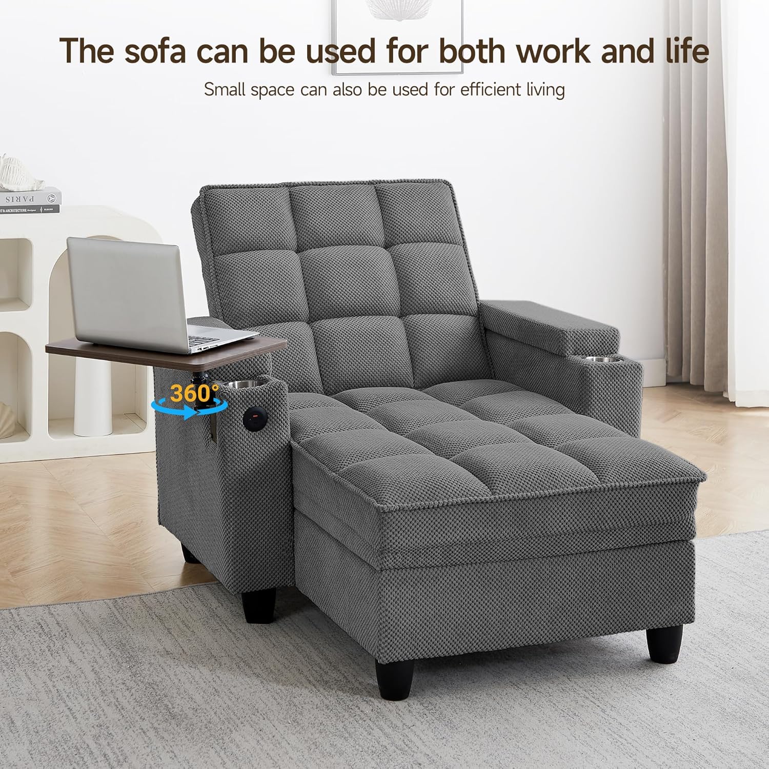 41.7' Oversized Chaise Lounge Chair Indoor, Boucle Upholstered Sofa Bed with Adjustable Backrest, Deep Seat Reading Chair, Sofas Couches for Living Room, Storage, Cup Holders & 360° Swivel Side Table