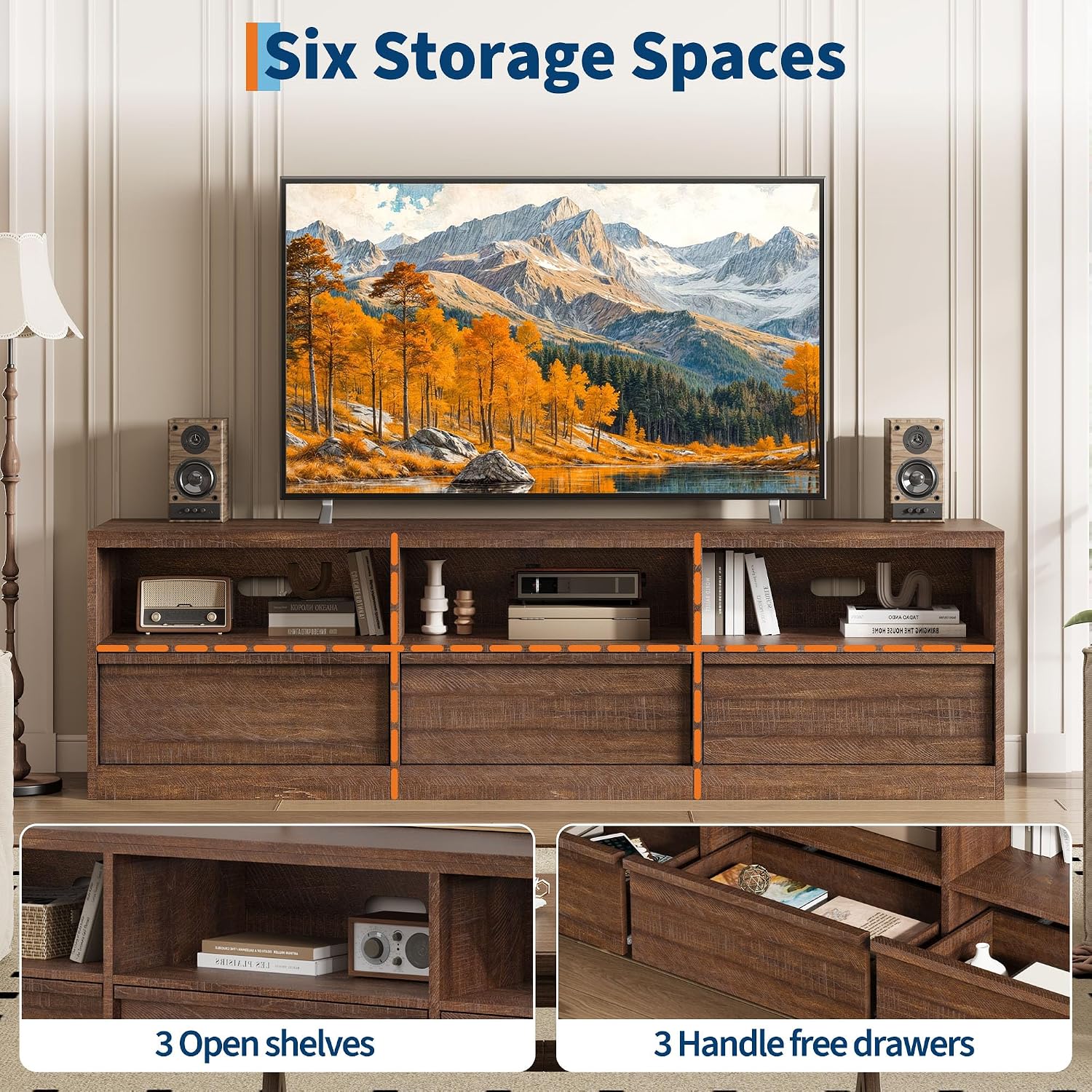 IDEALHOUSE 70 inch TV Stand for 80' TVs, Mid Century Modern Entertainment Center with Storage Drawer & Open Shelves, Wood Media Console Cabinet for Living Room/Bedroom, Vintage
