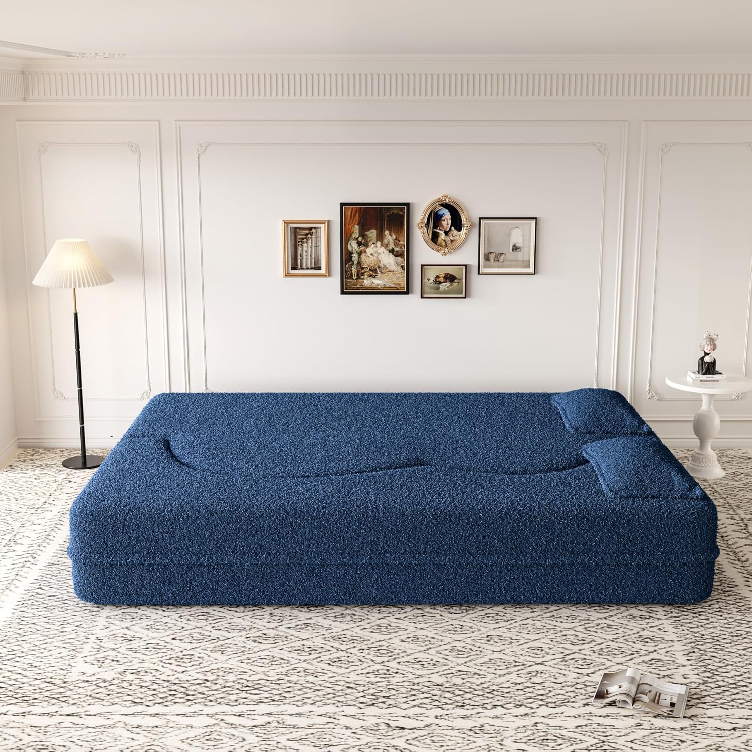2-in-1 Futon Folding Sofa Bed,78 Inch Pull Out Sofa Bed Boneless Couch with 2 Pilow Convertible Sofa, Teddy Loveseat Sleeper Floor Sofa for Children's Room Bedroom Living Room (Teddy, Blue)