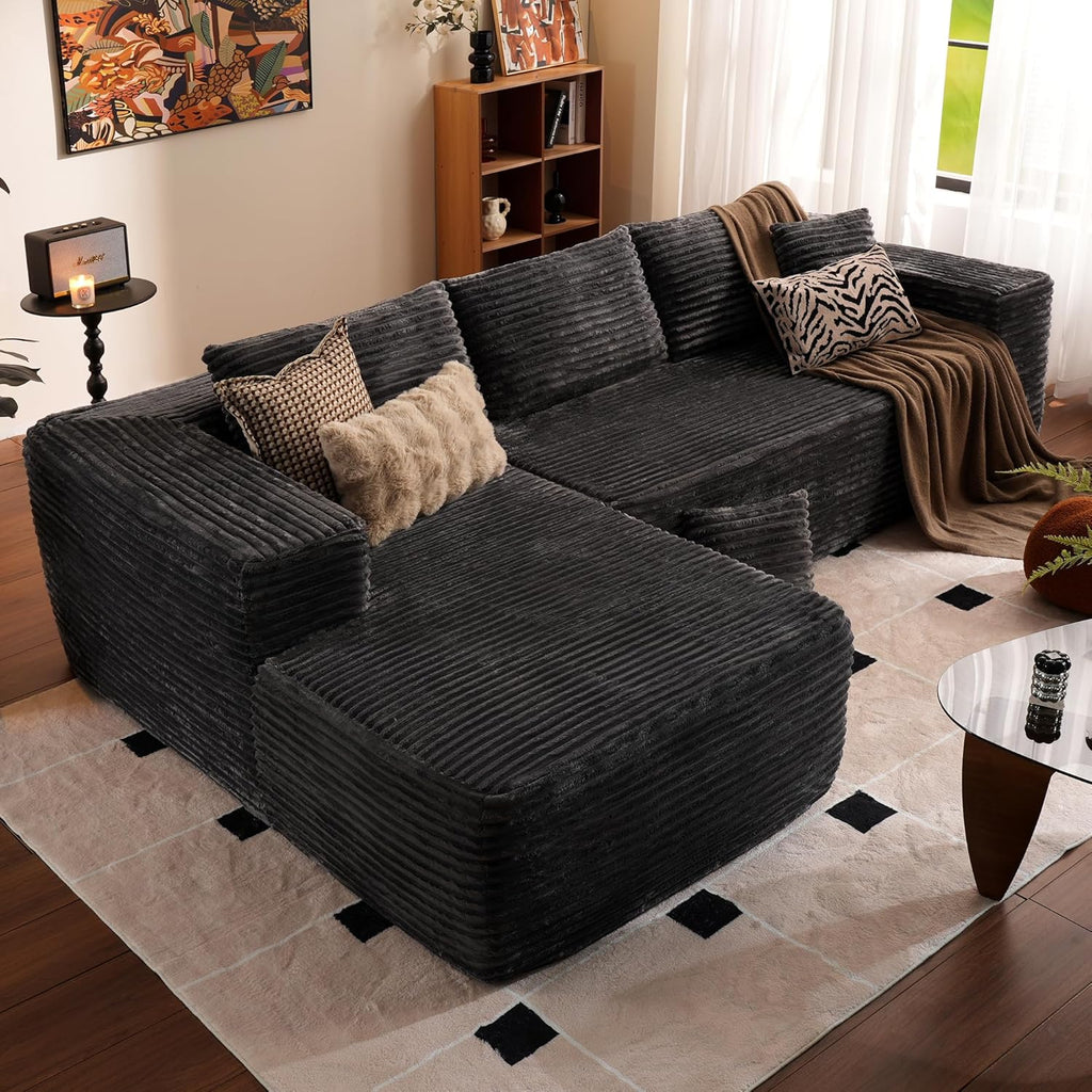 ovios 104' Cloud Boneless Couch with L-Shape Chaise,Modern Sectional Modular Sofa with Deep Seat, Upholstered Couches for Living Room Bedroom,No Assembly Required, Grey (Plush Corduroy Fabric)