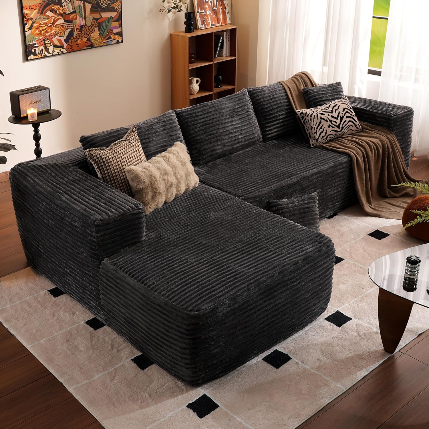 ovios 104' Cloud Boneless Couch with L-Shape Chaise,Modern Sectional Modular Sofa with Deep Seat, Upholstered Couches for Living Room Bedroom,No Assembly Required, Grey (Plush Corduroy Fabric)