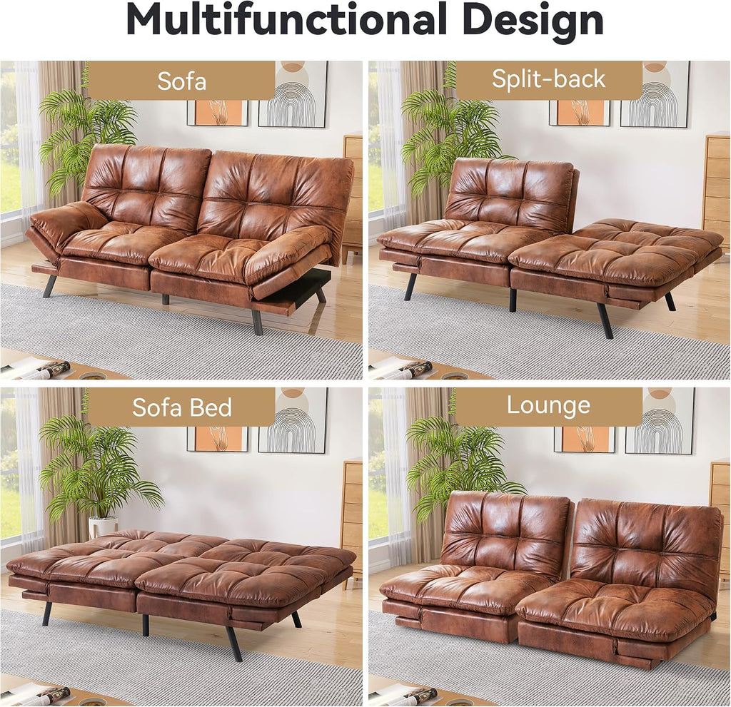 Faux Leather Futon Sofa Bed,Convertible Futon Couch,Memory Foam Loveseat Sleeper Sofa,Small Splitback Modern Folding Couch for Living Room,Office,Apartment,Retro Brown