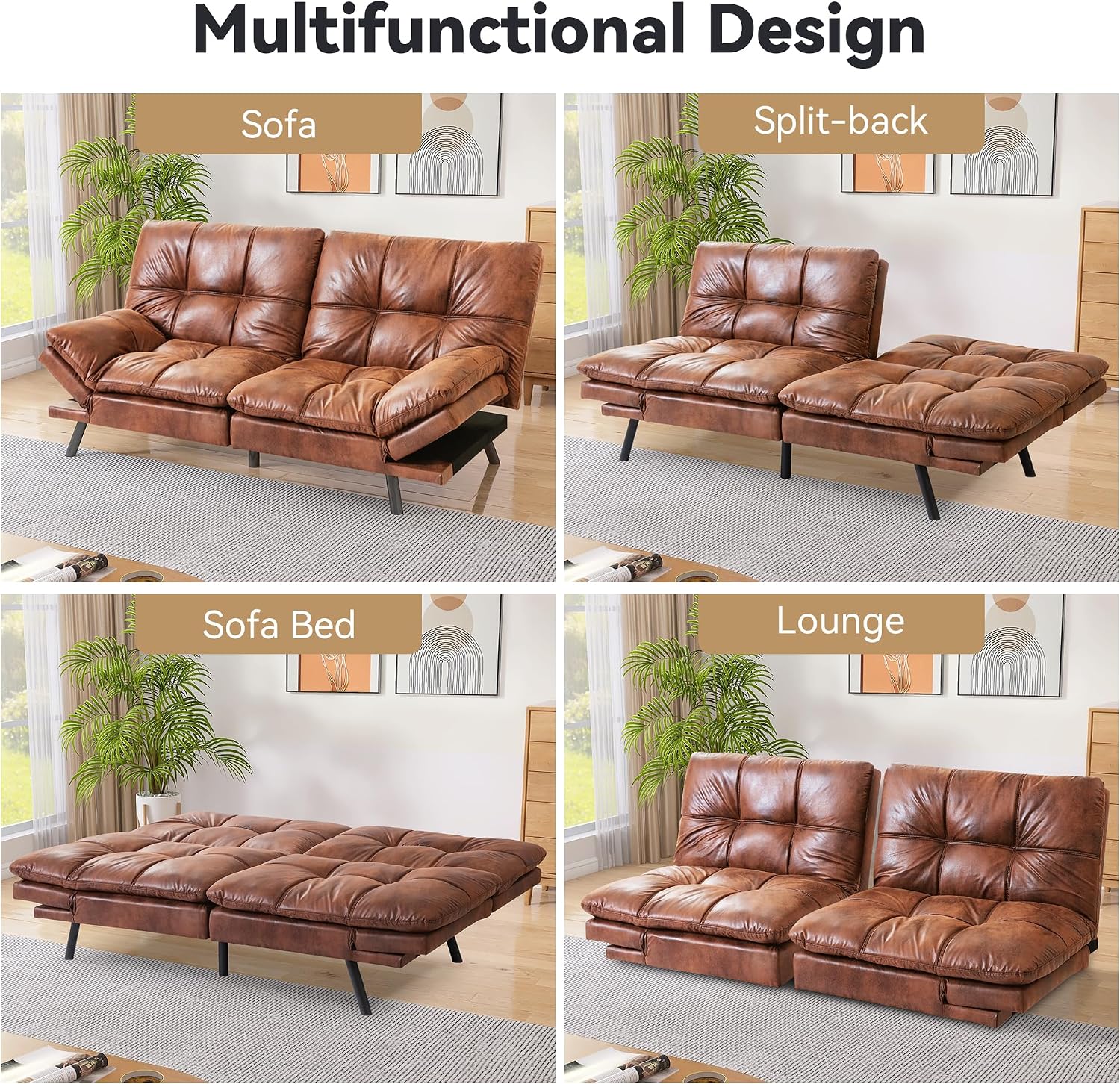 Faux Leather Futon Sofa Bed,Convertible Futon Couch,Memory Foam Loveseat Sleeper Sofa,Small Splitback Modern Folding Couch for Living Room,Office,Apartment,Retro Brown