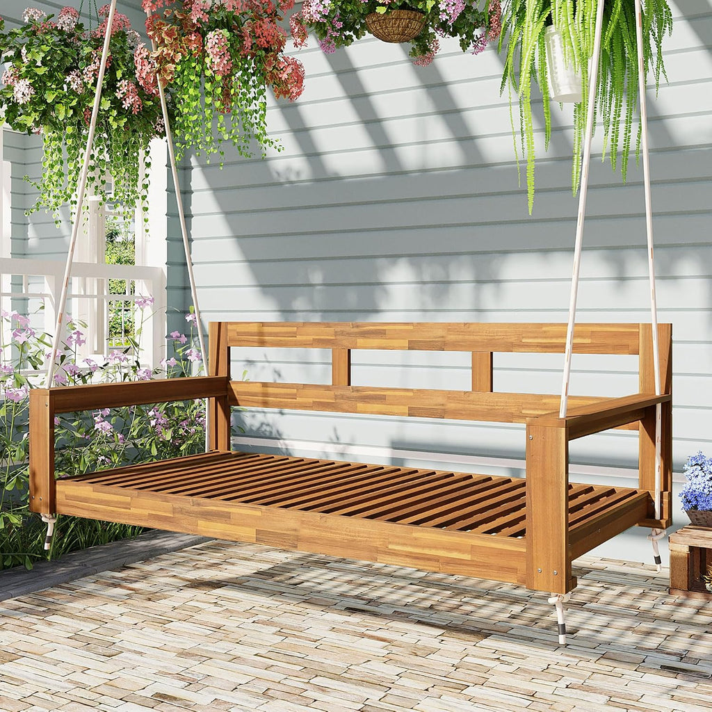 Harper & Bright Designs Patio Wooden Twin Size Porch Swing Daybed Frame, Garden Swing Bench Chair with 4 Hanging Ropes for Backyard,Outdoor,Natural