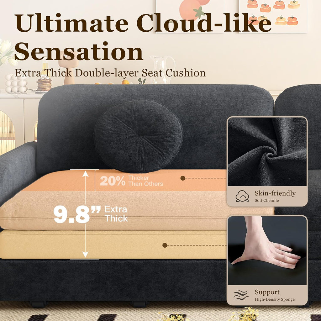 65.4'' Pull Out Couch Bed Queen Size, Chenille Sleeper Sofa Daybed, 3 in 1 Convertible Couches, Futon Sofa with 2 Pillows, Storage Pockets, USB, Loveseat for Small Spaces, Living Room, Black