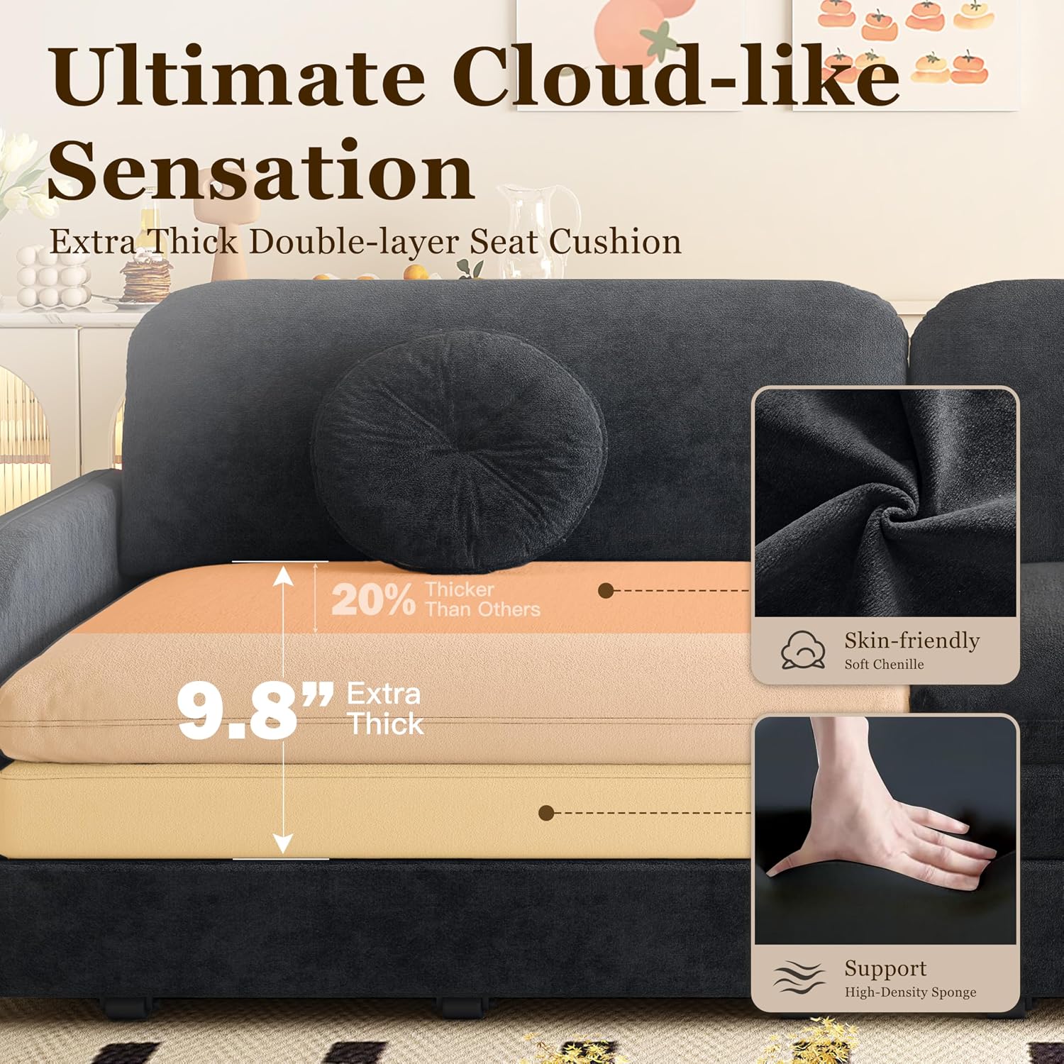 65.4'' Pull Out Couch Bed Queen Size, Chenille Sleeper Sofa Daybed, 3 in 1 Convertible Couches, Futon Sofa with 2 Pillows, Storage Pockets, USB, Loveseat for Small Spaces, Living Room, Black
