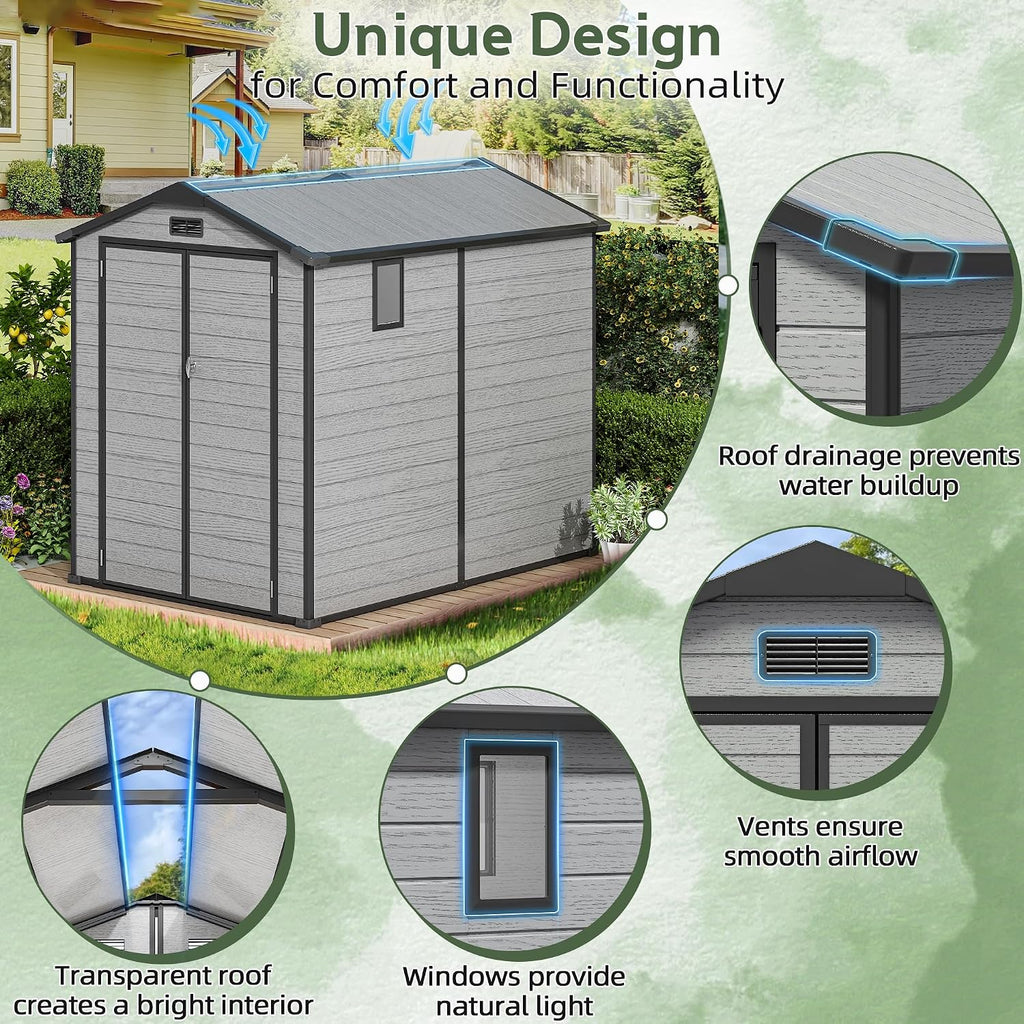 6X8 FT Plastic Outdoor Storage Shed, Double Door Tool Shed with Vent, Lockable Door with Key, Storing Patio Furniture, Gardening Tools, and Bicycle Accessories