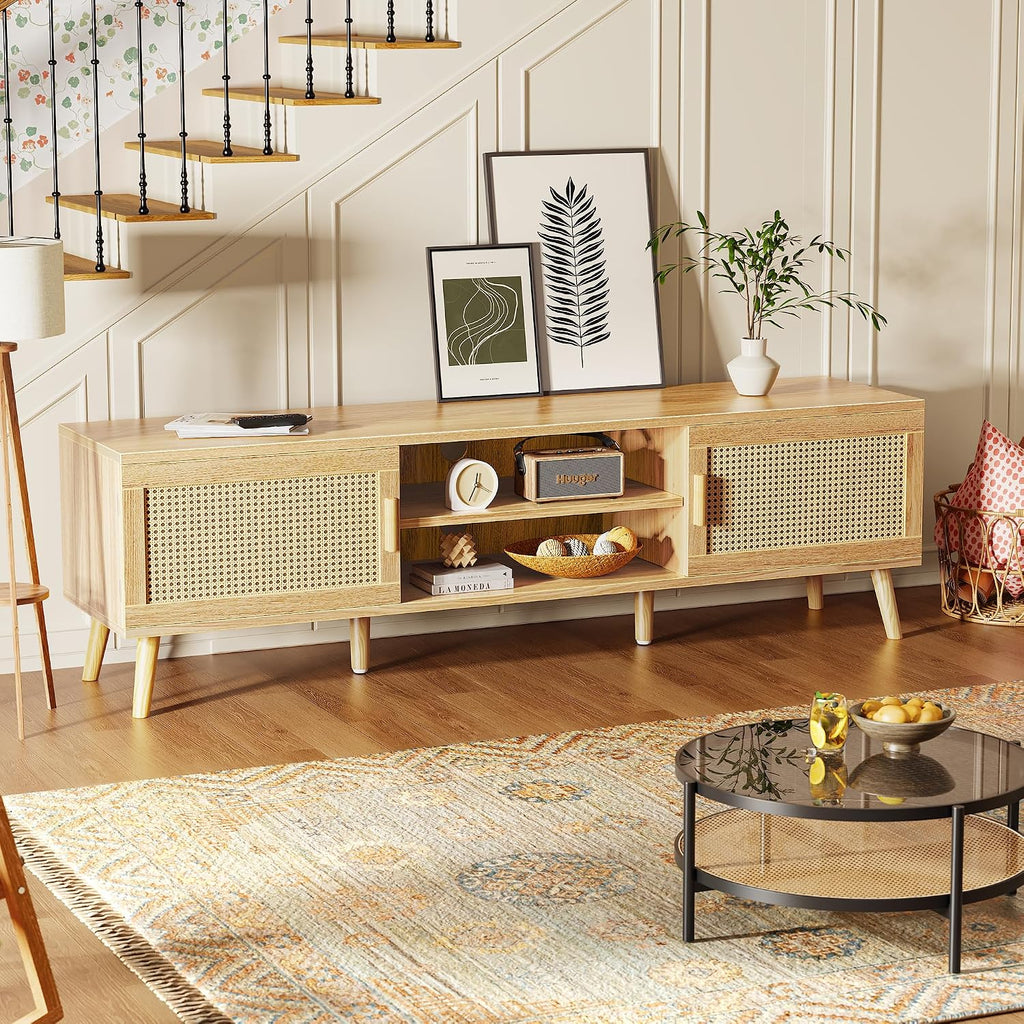 SUPERJARE Boho TV Stand for 75 Inch TV, Entertainment Center with Adjustable Shelf, Rattan TV Console with 2 Cabinets, Media Console, Solid Wood Feet, 4 Cord Holes, for Living Room - Natural