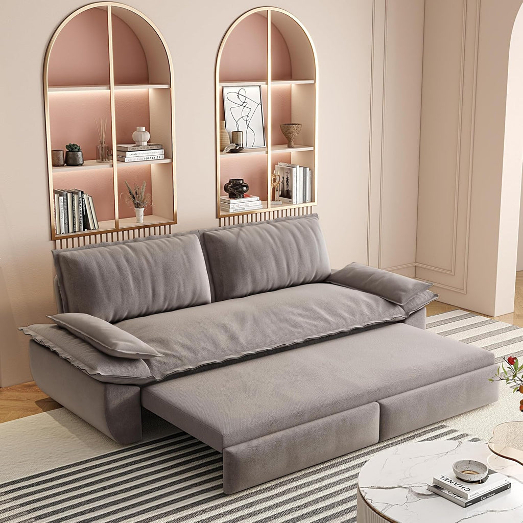 3 in 1 Convertible Queen Sleeper Sofa Bed Comfy Pull Out Futon Couch Bed 73.2' Modern Velvet Recliner Loveseat Sofa Multi-Functional Grey Cloud Couch for Living Room,Apartment,Office (Grey 73.2')