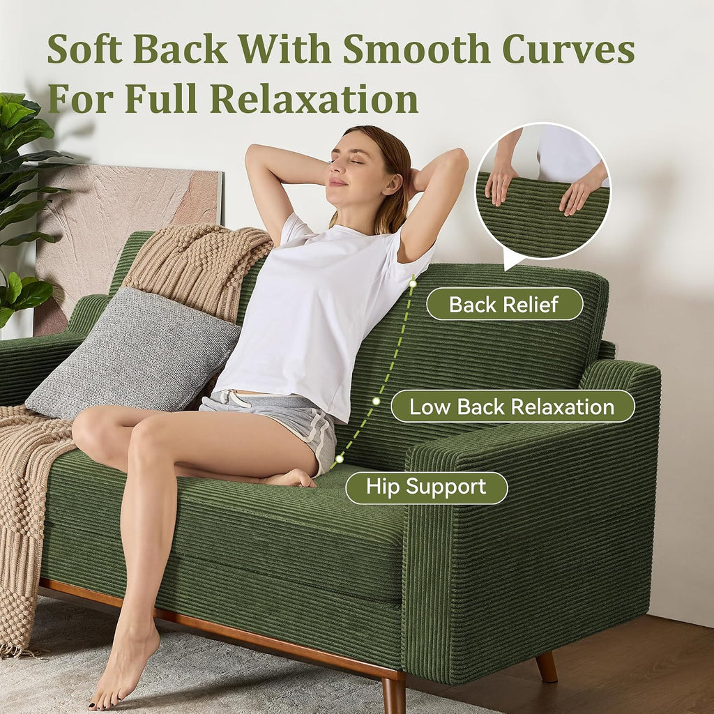 65.4' Loveseat Sofa,Comfy Green Corduroy Love Seat Couches for Living Room,Mid Century Modern Small Couch for Bedroom Office with Spring Cushion,Solid Wood Frame,Tool-Free Assembly