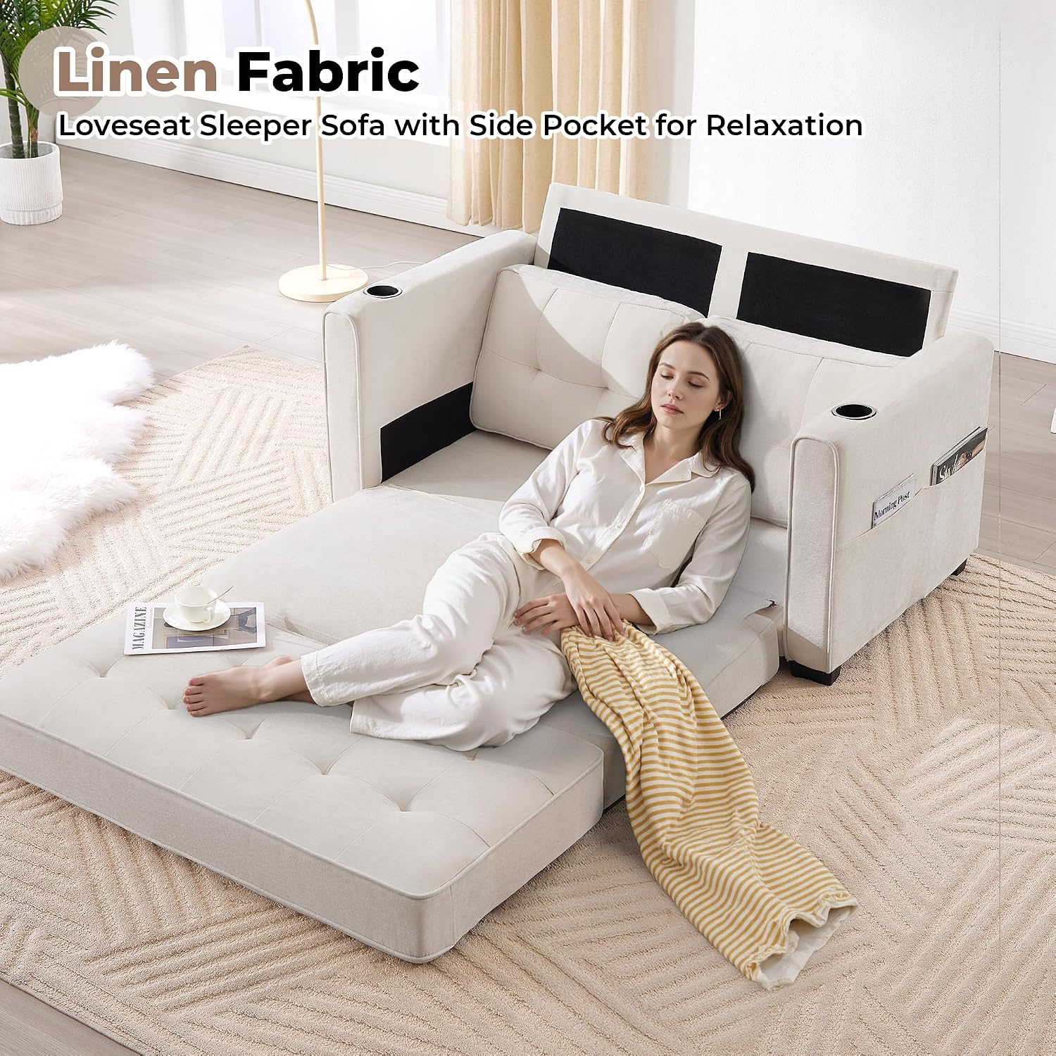 Convertible Sofa Bed, Pull Out Loveseat Sleeper Couch,Linen Fabric 2 in 1 Folding Couch Bed, Fold Out Floor Futon Couches with Cup Holder for Living Room, Bedroom,Small Space, Beige