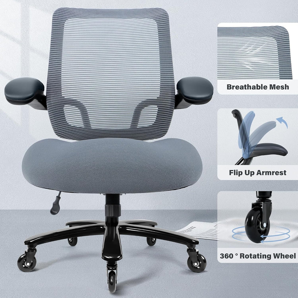 Kassipo 500LBS Big and Tall Office Chair with Flip-Up Armrests, Heavy Duty Office Chair for Heavy People, Memory Foam Seat Filling Springs, Grey