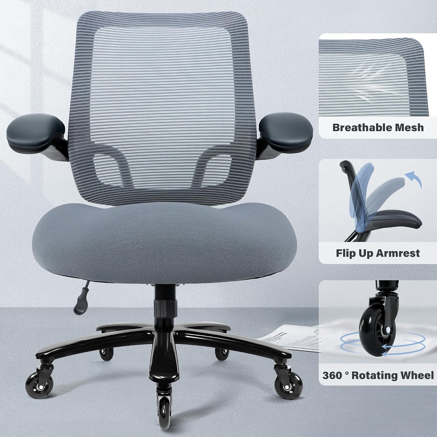 Kassipo 500LBS Big and Tall Office Chair with Flip-Up Armrests, Heavy Duty Office Chair for Heavy People, Memory Foam Seat Filling Springs, Grey