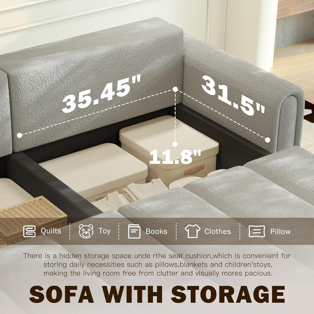 90.2' Futon Sofa Bed King, 3-in-1 Teddy Convertible Sofa, Upholstered Loveseat Couch with Pull Out Bed, L Shape Couches Small Spaces, Deep Seat, Storage for Living Room, Apartment, Light Grey